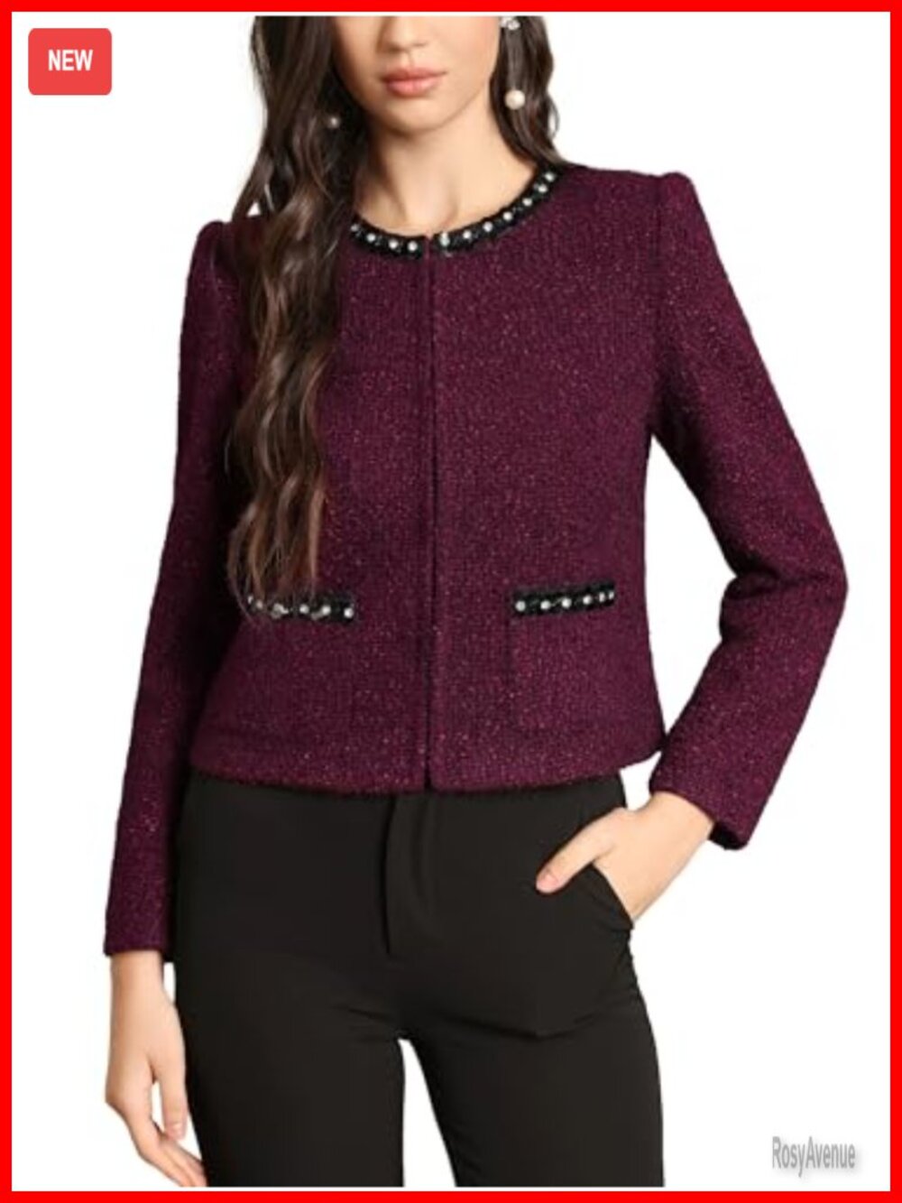 Wool Blend Tweed Cropped Blazer with Sequin Trim Hook Closure